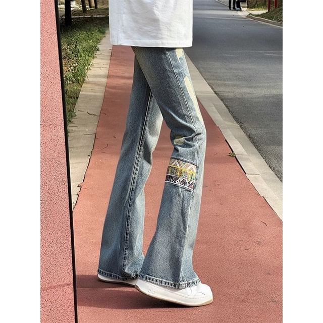 Diphon-Mid Rise Patchwork Washed Distressed Flared Jeans