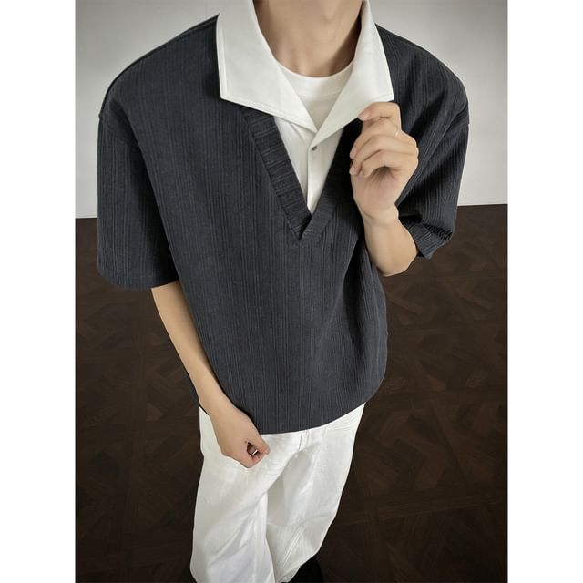 Diphon-Mock Two-Piece Short-Sleeve Two Tone Collar Top