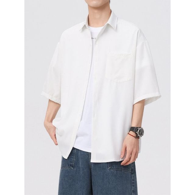Diphon-Short-Sleeve Button-Up Plain Shirt