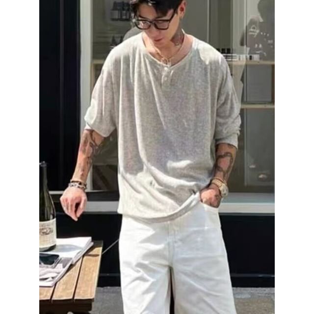Diphon-Short-Sleeve Henley Plain T-Shirt