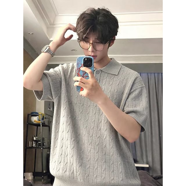 Diphon-Short-Sleeve Plain Knit Polo Top