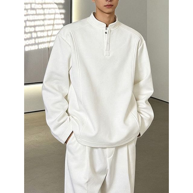 Diphon-Stand Collar Henley Plain Sweatshirt