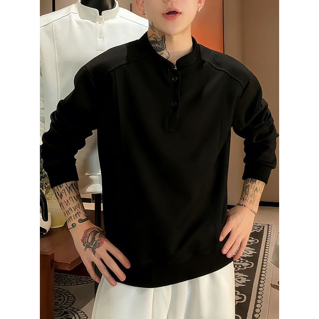 Diphon-Stand Collar Henley Plain Sweatshirt