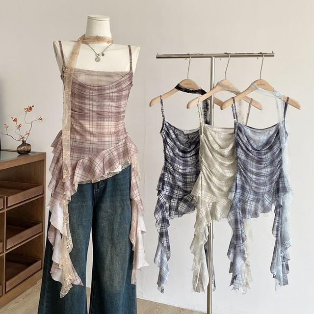 DIYI-Asymmetrical Plaid Ruffled Camisole Top