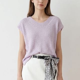 DIYI-Cap-Sleeve V-Neck Plain Knit Top