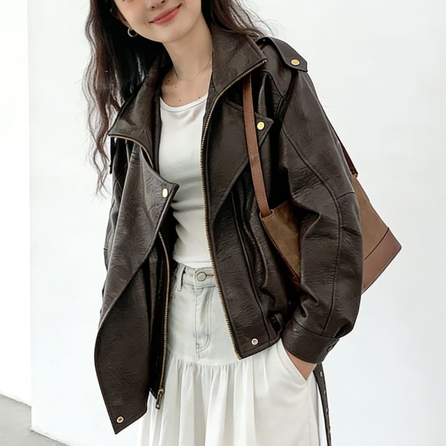 DIYI-Collared Plain Faux Leather Zip Biker Jacket