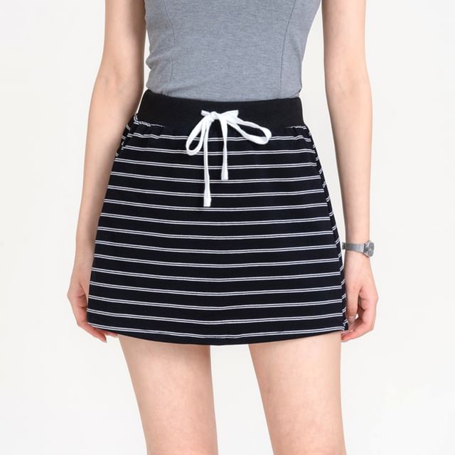 DIYI-Drawstring Waist Striped Mini A-Line Skirt