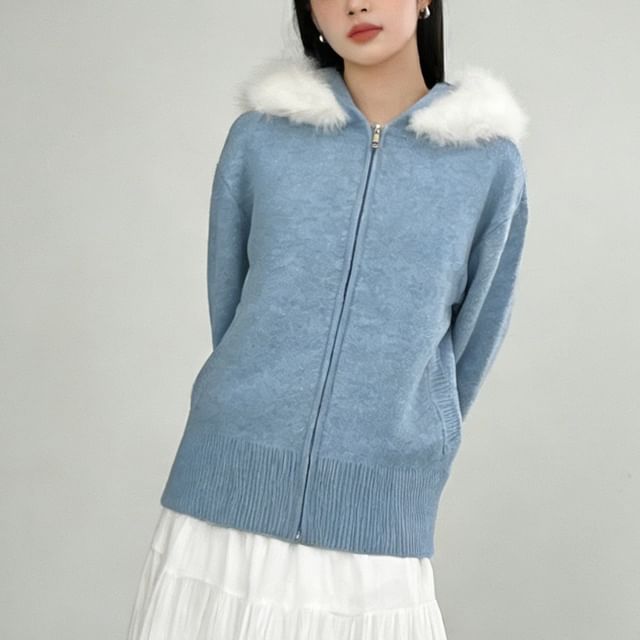 DIYI-Fluffy Trim Zip-Up Knit Hoodie