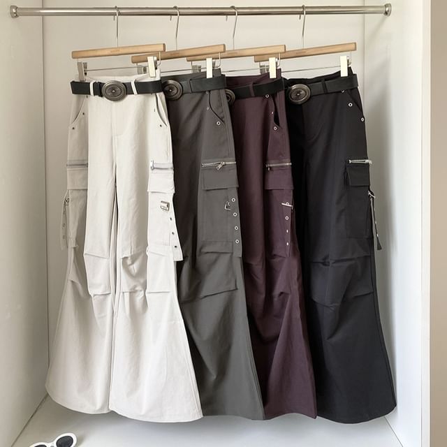 DIYI-High Rise Plain Wide Leg Cargo Pants