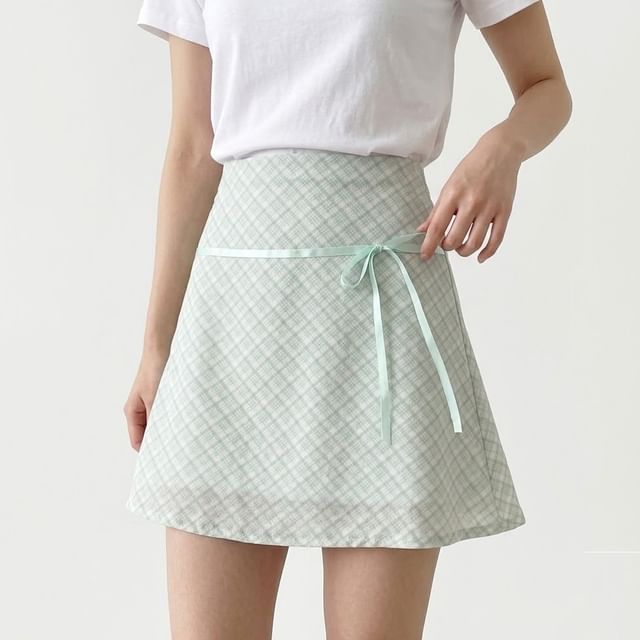 DIYI-High Waist Plaid A-Line Skirt