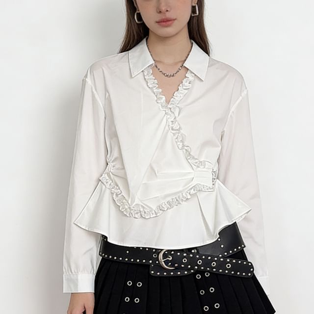 DIYI-Long-Sleeve Collared Plain Ruffle Trim Blouse