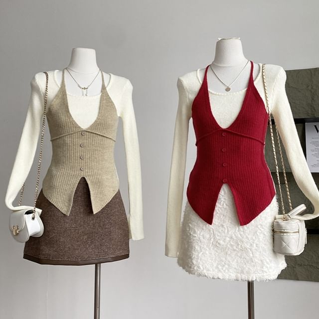 DIYI-Long-Sleeve Mock Two Piece Knit Top