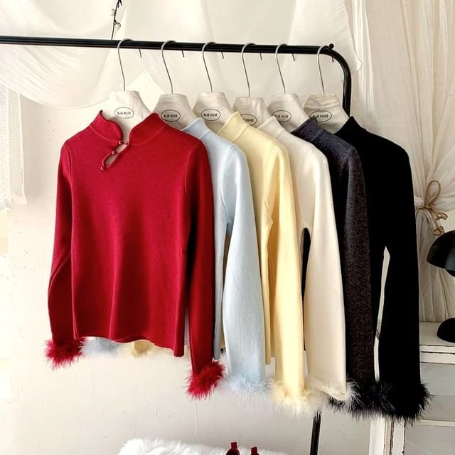 DIYI-Long-Sleeve Stand Collar Plain Knit Top