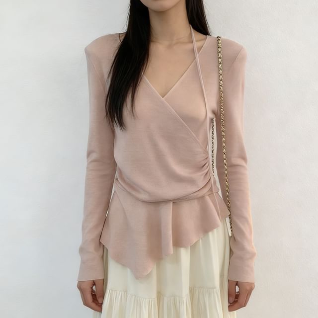 DIYI-Long Sleeve V-Neck Plain Asymmetrical Wrap Top