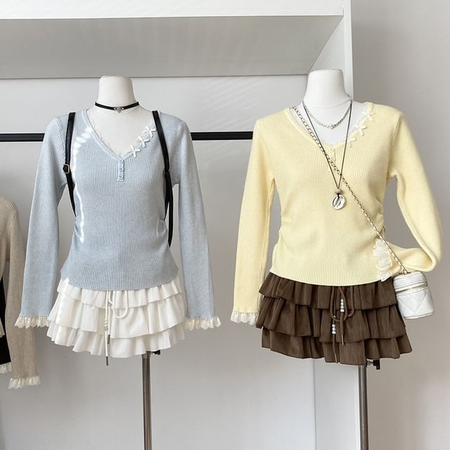 DIYI-Long-Sleeve V-Neck Plain Ribbed Knit Top