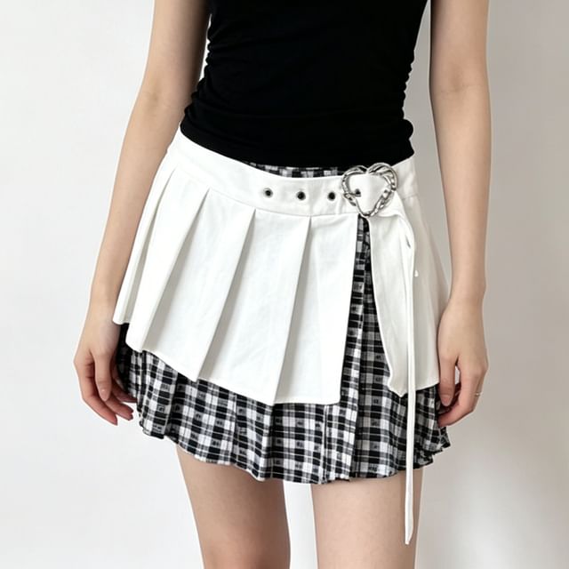 DIYI-Low Waist Plaid Panel Mini Pleated Skirt
