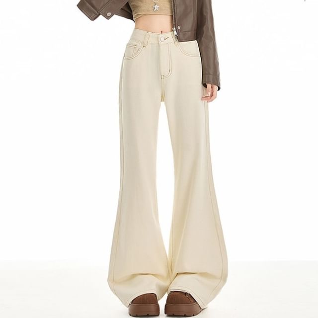 DIYI-Mid Rise Contrast Stitched Flared Jeans Various Designs