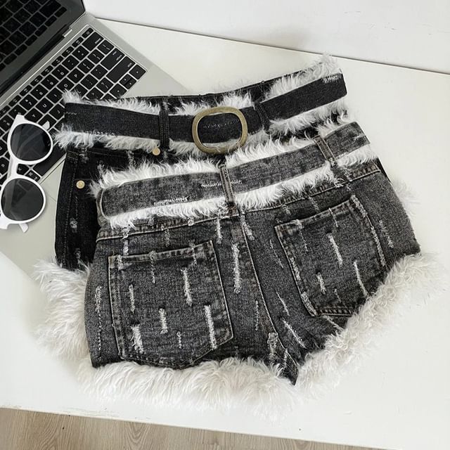 DIYI-Mid Rise Fluffy Trim Denim Shorts