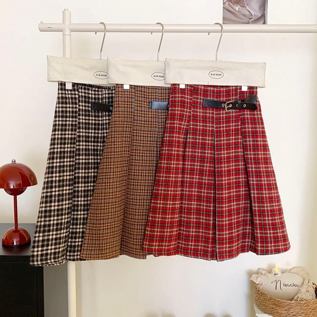 DIYI-Mid Rise Plaid Mini Pleated Skirt