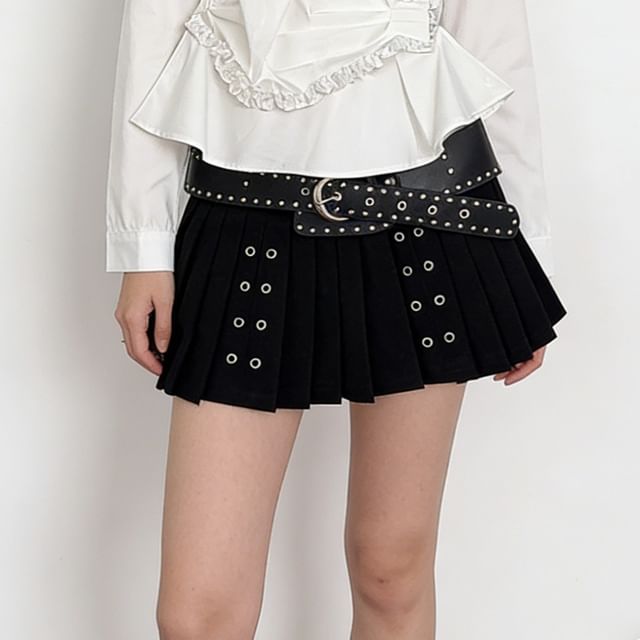 DIYI-Mid Rise Plain Belted Mini Pleated Skirt