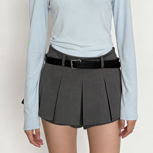 DIYI-Mid Rise Plain Belted Skorts