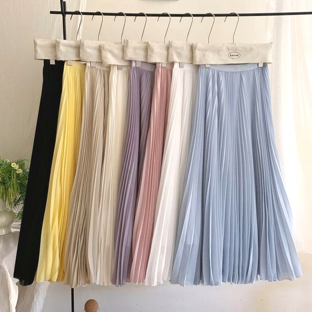 DIYI-Mid Rise Plain Midi Pleated Skirt