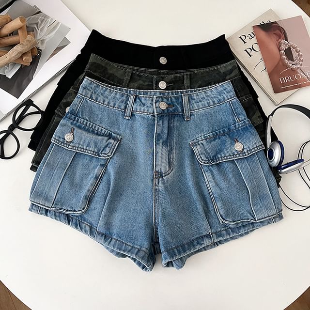 DIYI-Mid Waist Denim Cargo Hot Pants