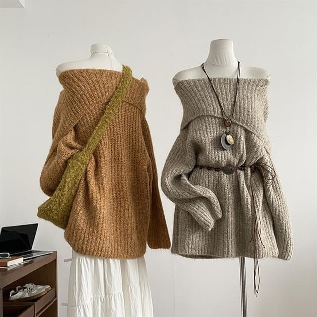 DIYI-Off Shoulder Plain Ribbed Knit Sweater