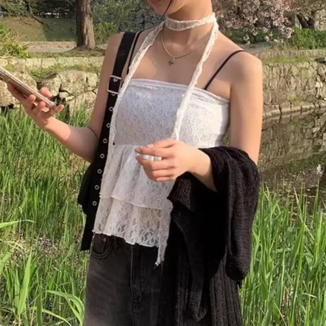 DIYI-Plain Ruffle Lace Tube Top