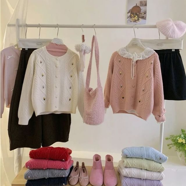 DIYI-Round Neck Floral Applique Button Up Cardigan