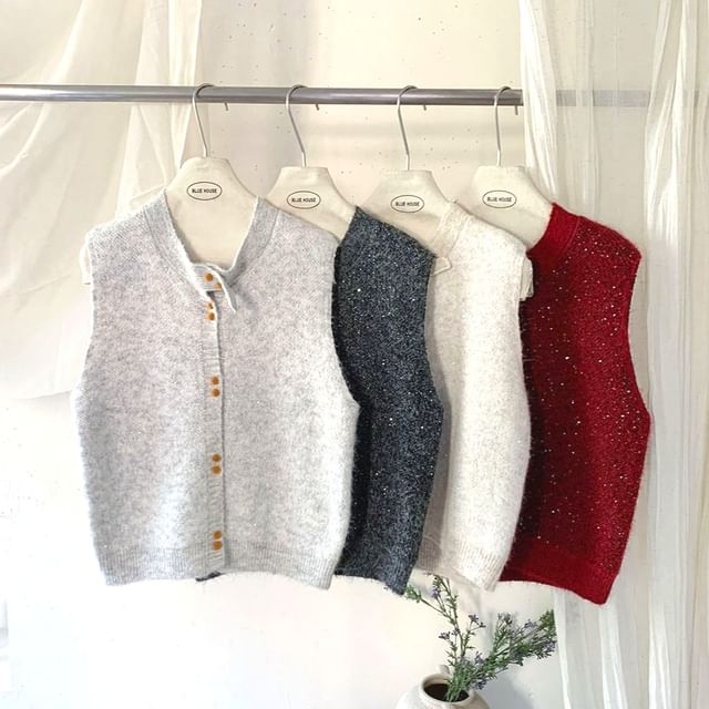 DIYI-Round Neck Plain Sequin Button Sweater Vest