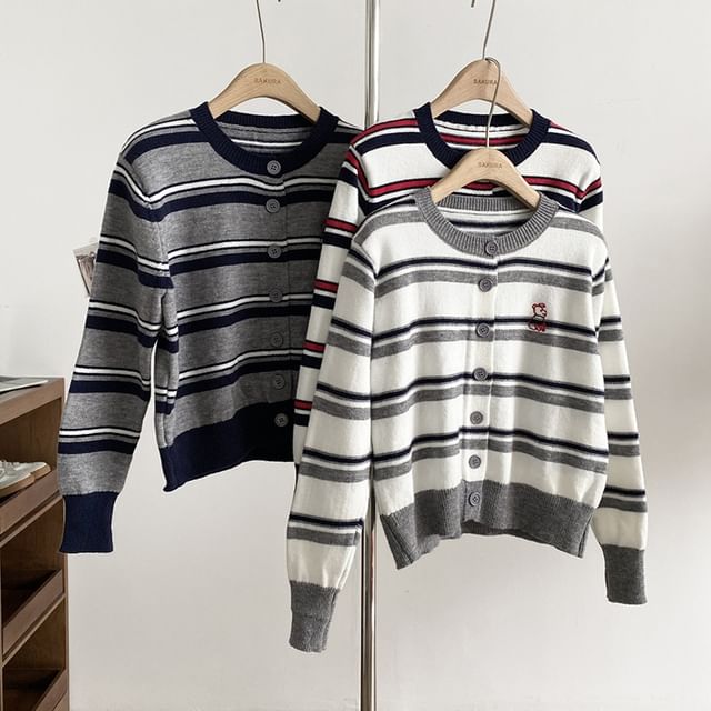 DIYI-Round Neck Striped Button Up Cardigan