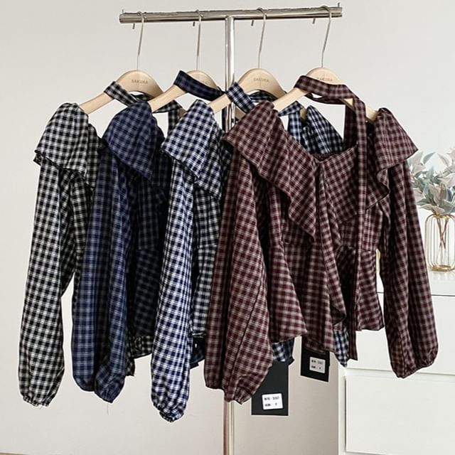 DIYI-Set Long-Sleeve Ruffle Plaid Blouse Twilly