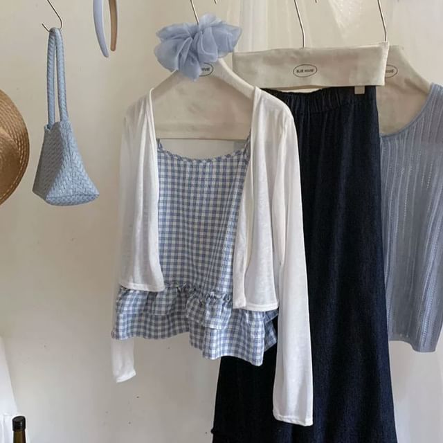 DIYI-Set Spaghetti Strap Plaid Ruffle Trim Camisole Top Plain Light Cardigan