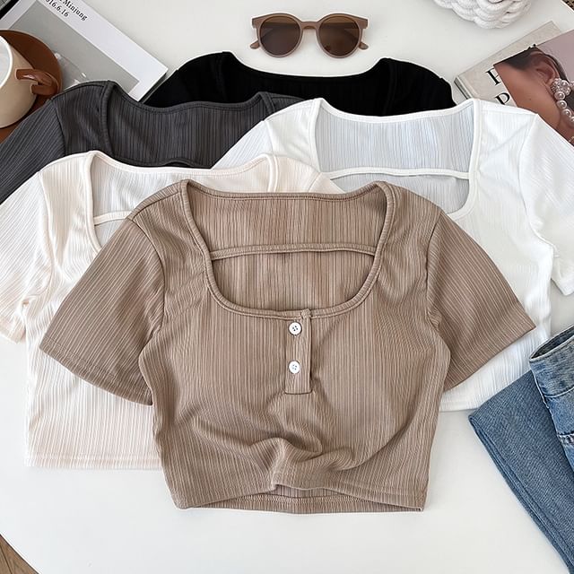 DIYI-Short Sleeve Square Neck Plain Crop Top