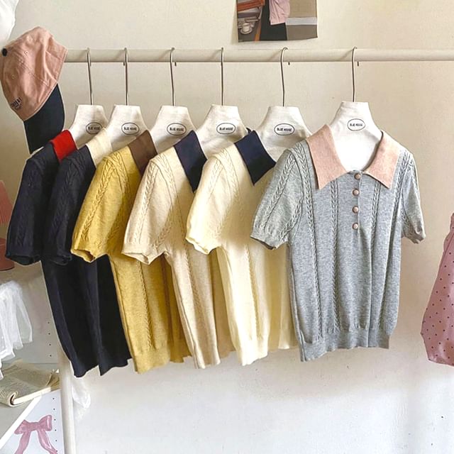 DIYI-Short-Sleeve Two Tone Polo Shirt