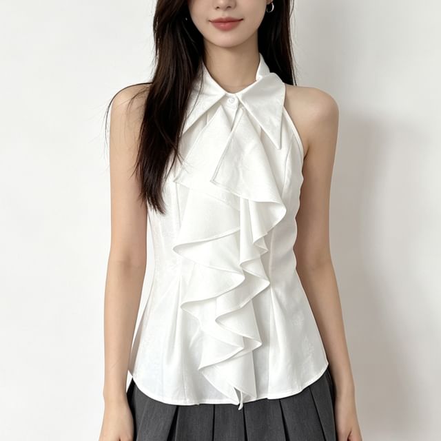 DIYI-Sleeveless Ruffle Asymmetrical Plain Top