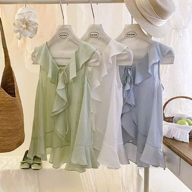 DIYI-Sleeveless V-Neck Ruffle Trim Top