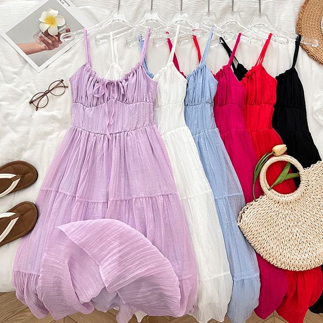 DIYI-Spaghetti Strap Plain Tiered Drawstring Maxi A-Line Dress