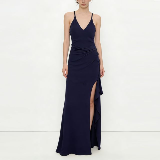 DIYI-Spaghetti Strap V-Neck Plain Side-Slit Maxi Sheath Dress