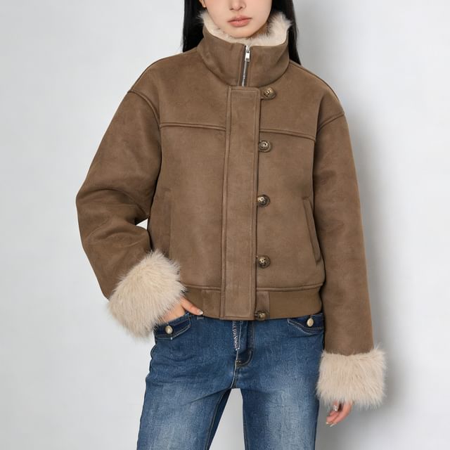 DIYI-Stand Collar Fleece-Lined Button-Up Jacket