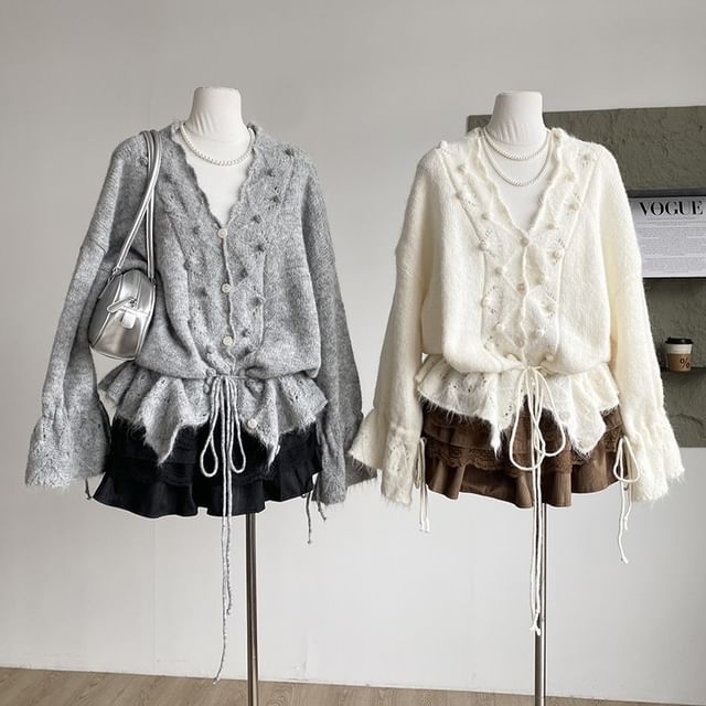 DIYI-V-Neck Plain Pom Pom Drawstring Cardigan