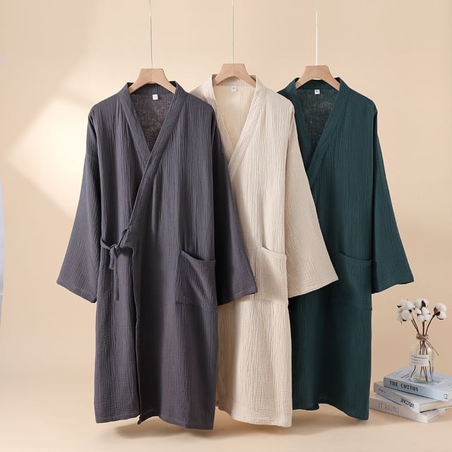 Dogini-Couple Matching V-Neck Plain Sashed Kimono Robe Various Designs