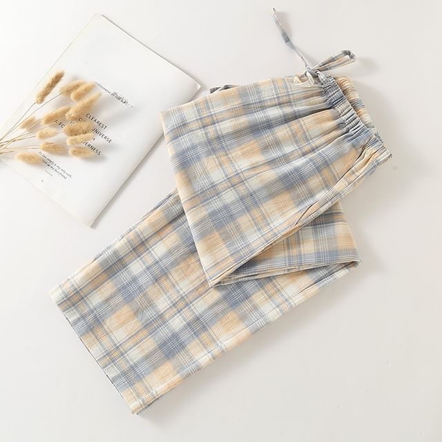 Dogini-Drawstring Waist Plaid Lounge Pants