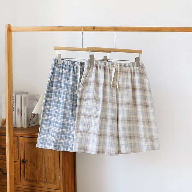 Dogini-Drawstring Waist Plaid Lounge Shorts