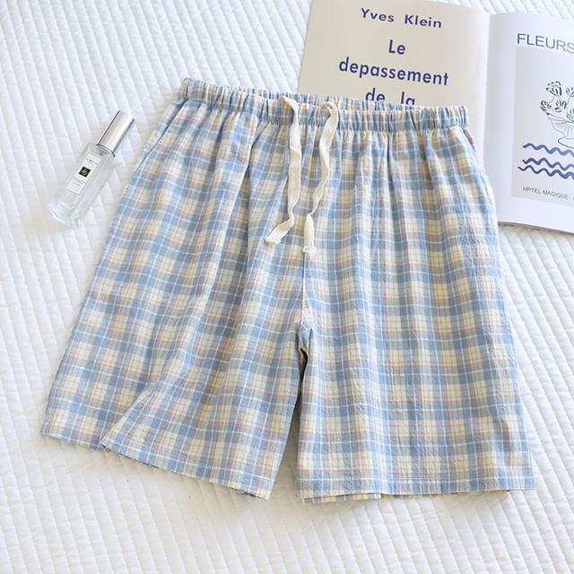 Dogini-Drawstring Waist Plaid Lounge Shorts