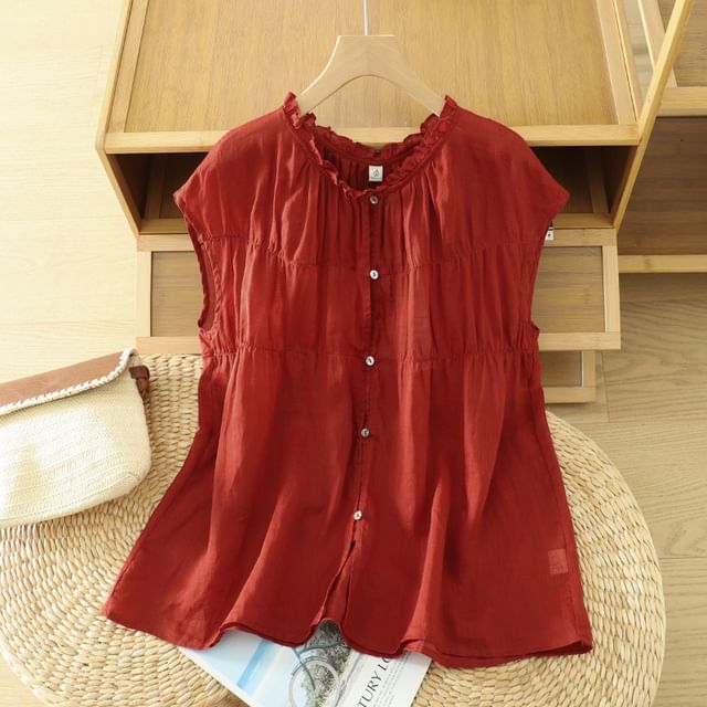 Doowex-Cap-Sleeve Crewneck Frill Trim Plain Top