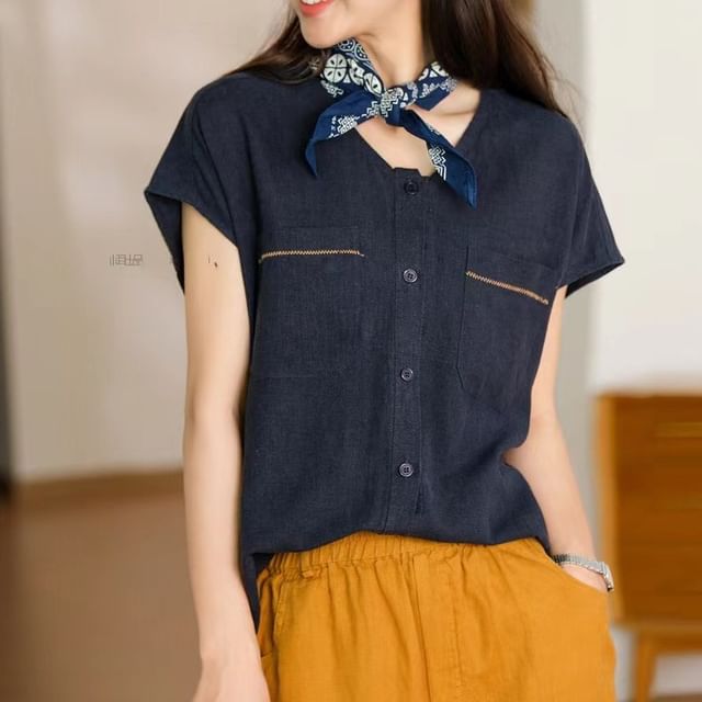 Doowex-Cap-Sleeve V-Neck Button-Up Top