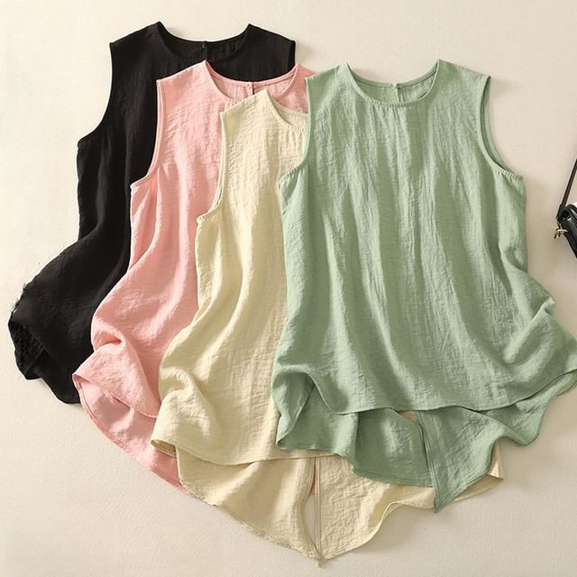 Doowex-Crewneck Linen Asymmetrical Tank Top