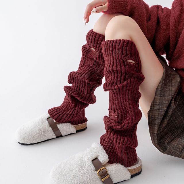 Doowex-Plain Distressed Ribbed Knit Leg Warmers
